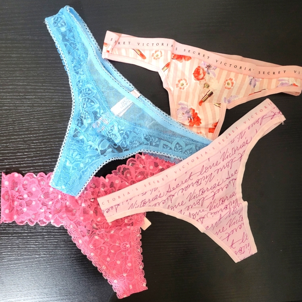 NWT 4-Pack Victoria's Secret Lace & Graphic Thongs Pink + Blue